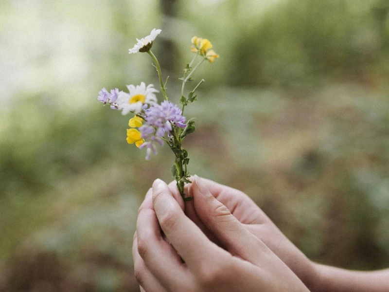 Zwei Hände halten einen kleinen Blumenstrauß